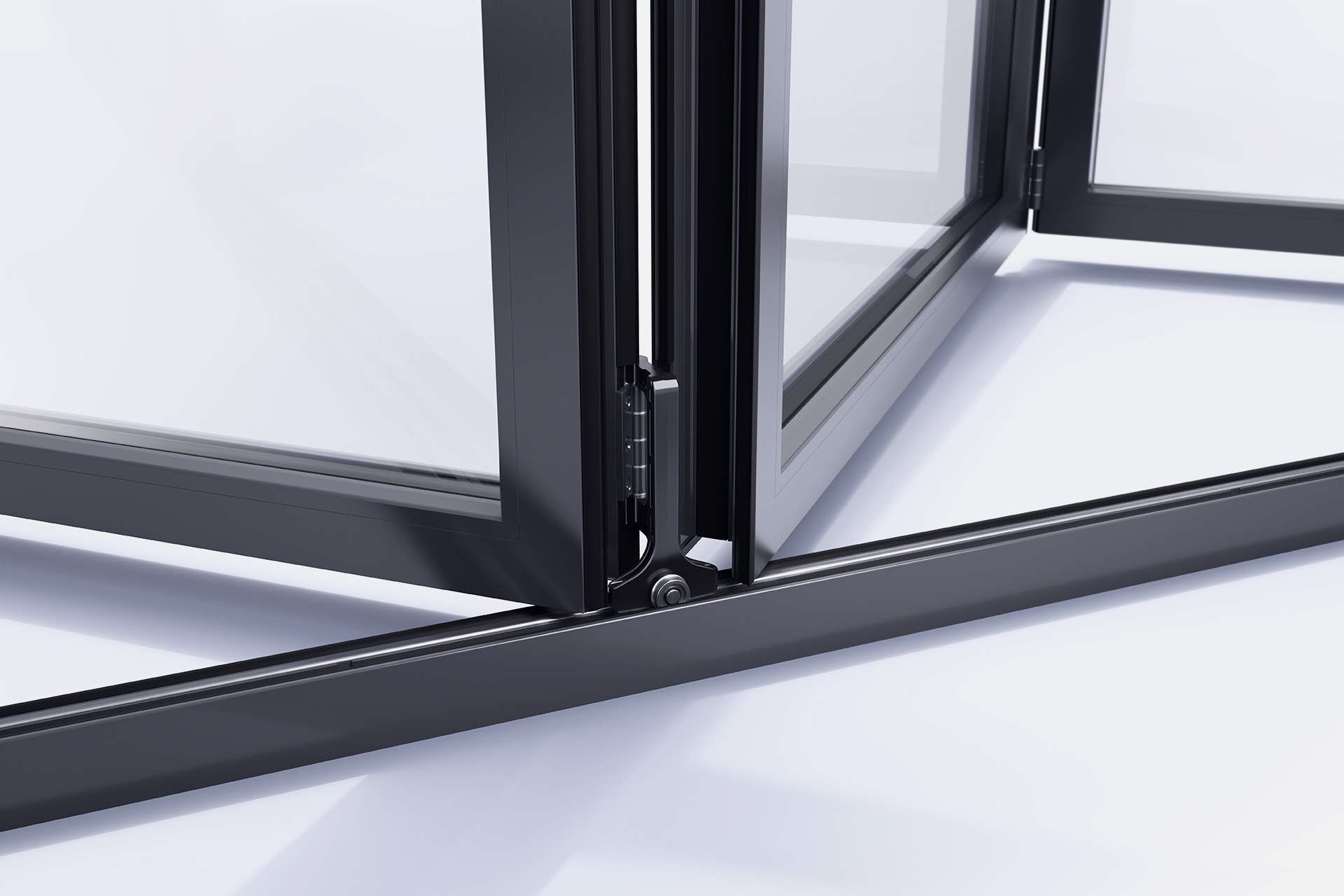A close up of the Korniche bi-folding doors rollers, the door is partly open making for a zig zag shape from the door.