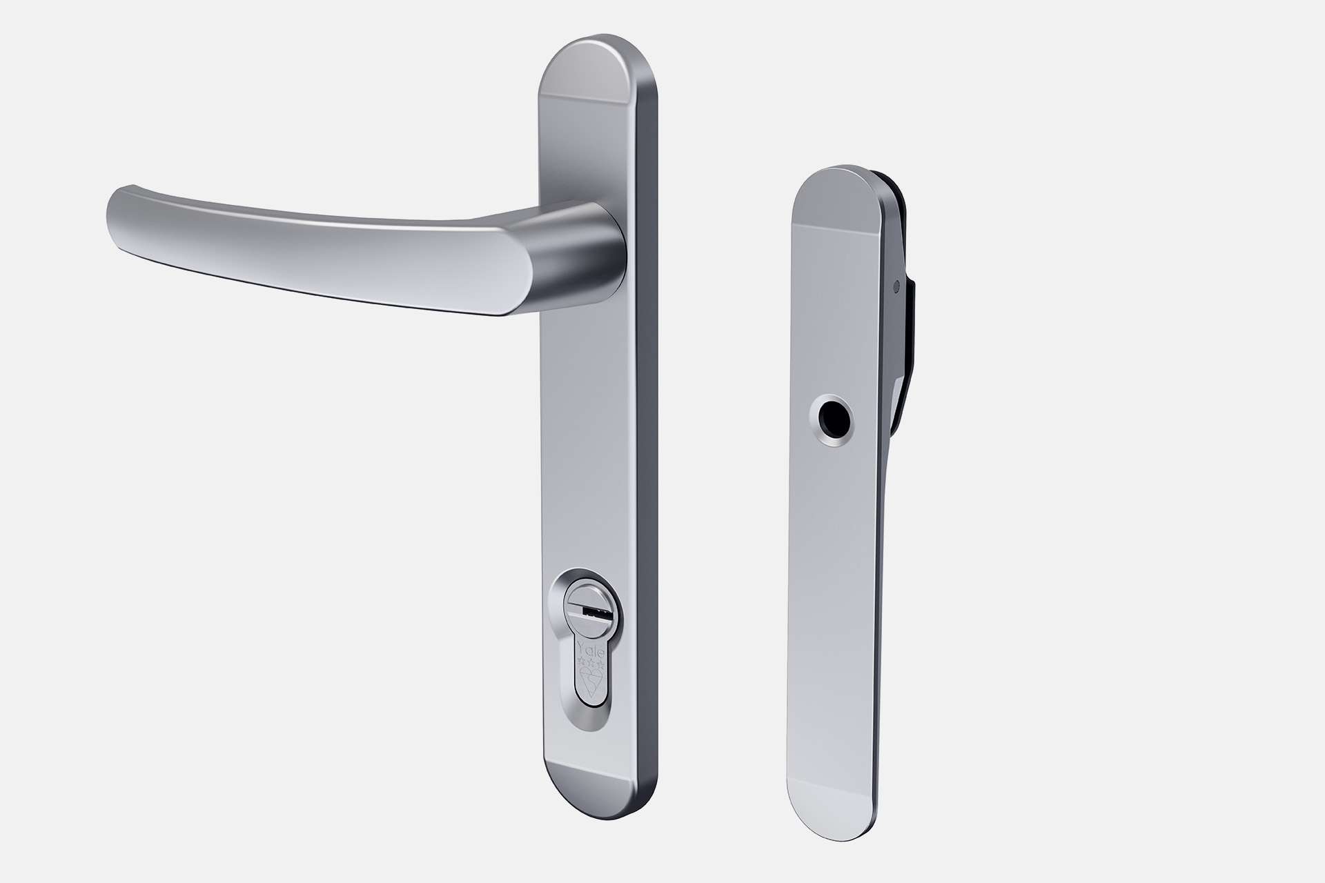 The traffic door handle and bi-fold shootbolt handle in a silver finish. 