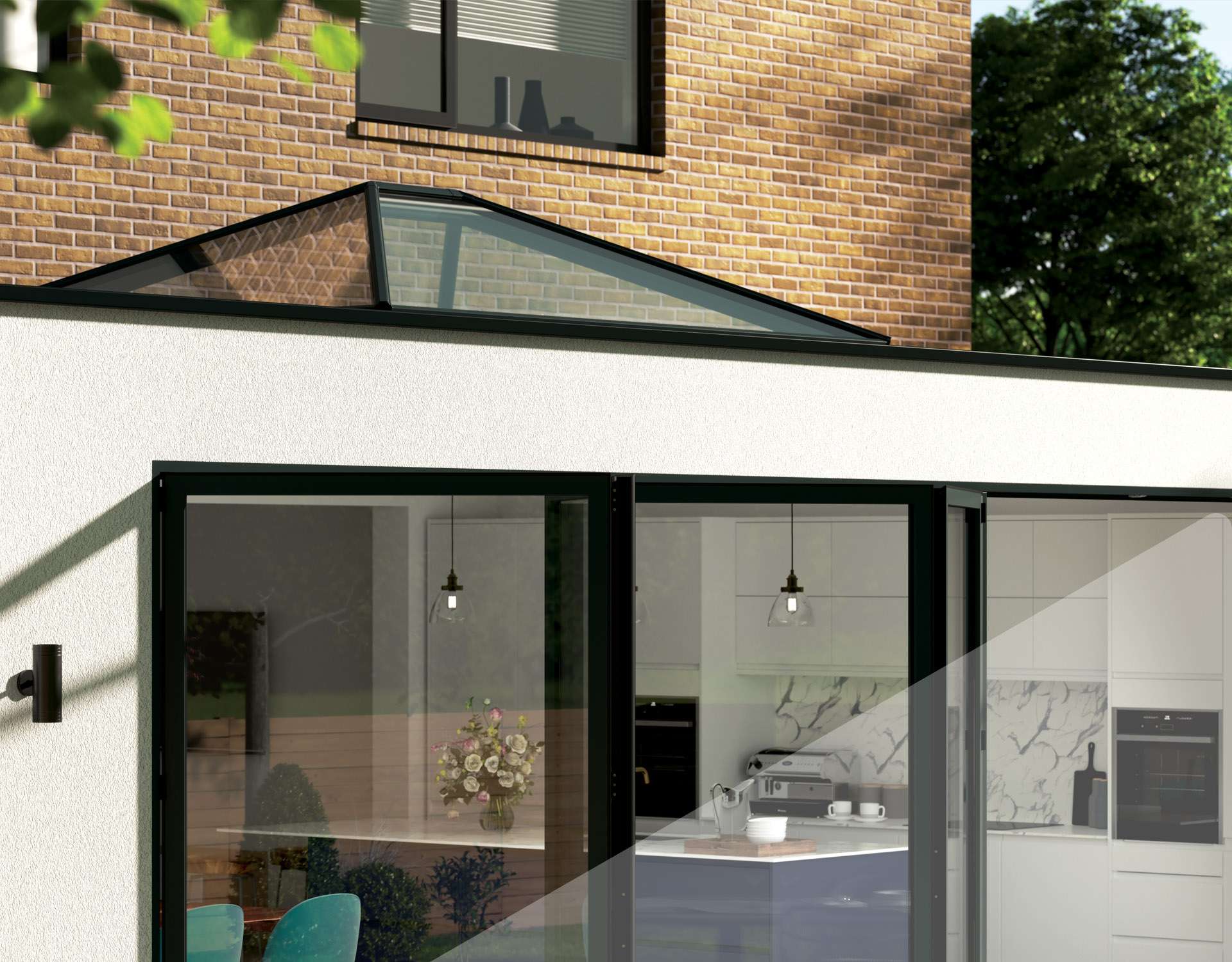 An external shot of a white flat roof extension showing a Korniche roof lantern installed on the roof, paired with a set of Korniche bi-folding doors that are slightly ajar.The fully furnished modern kitchen is visible through the bi-fold glass.