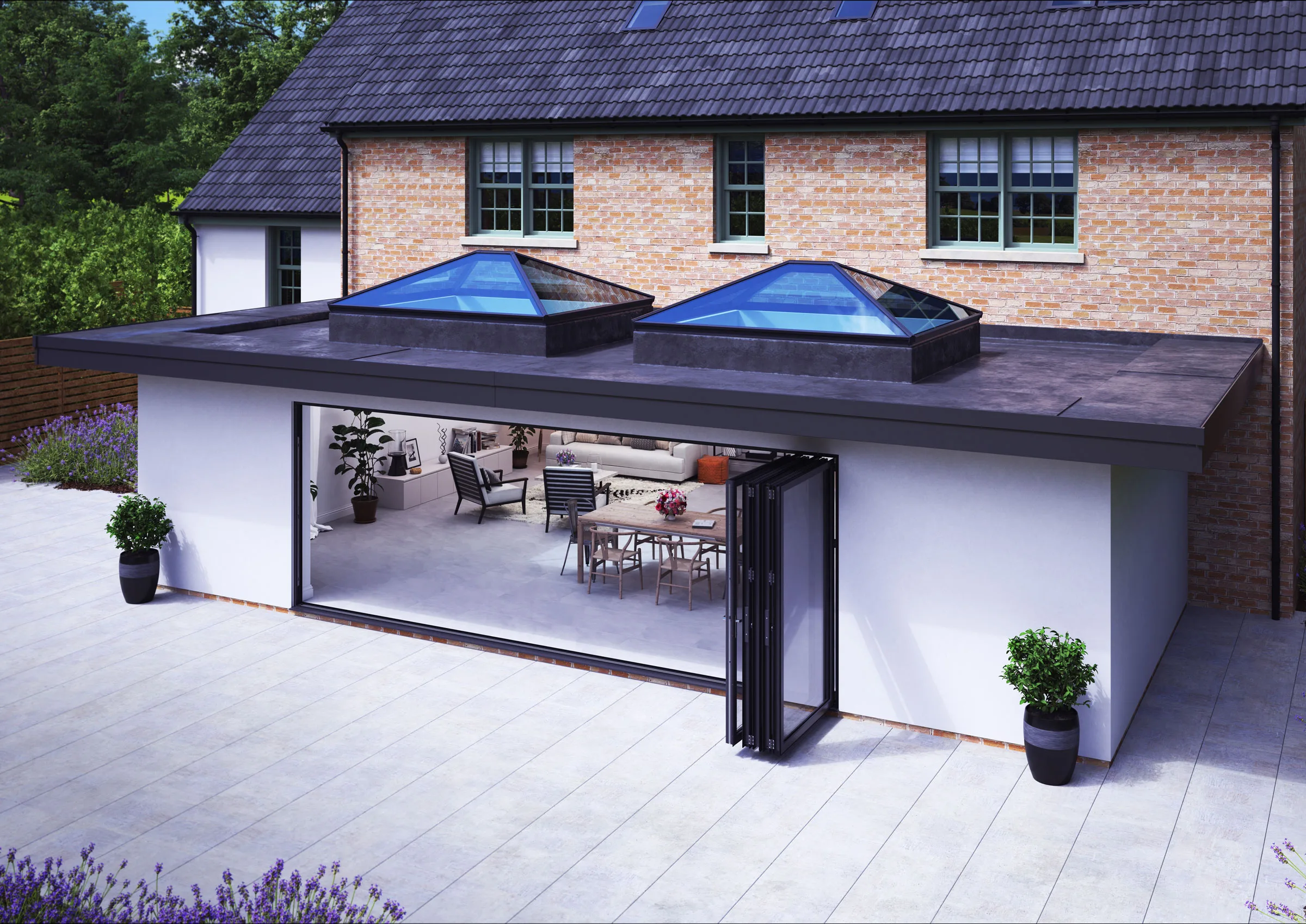 Korniche Roof Lanterns (Exterior) - Bi-Fold Doors Open to Living Space