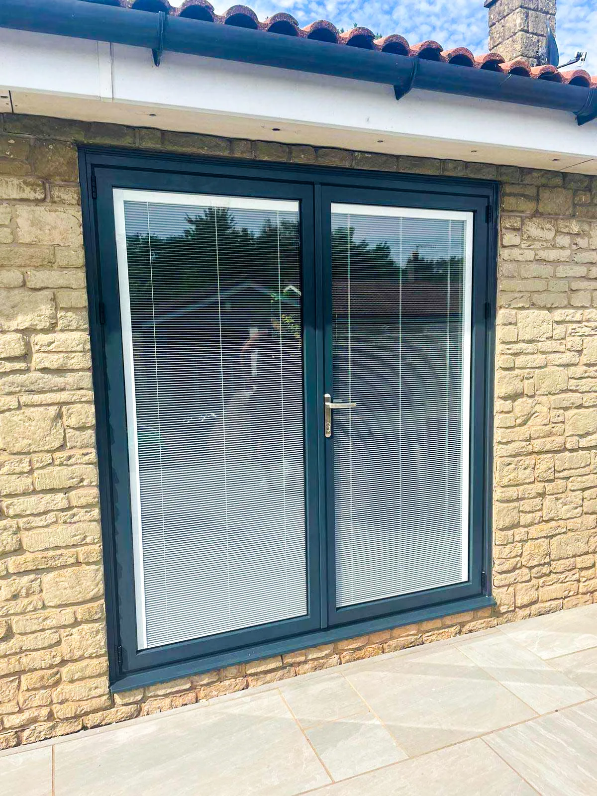 Grey French Patio Doors with white blinds closed