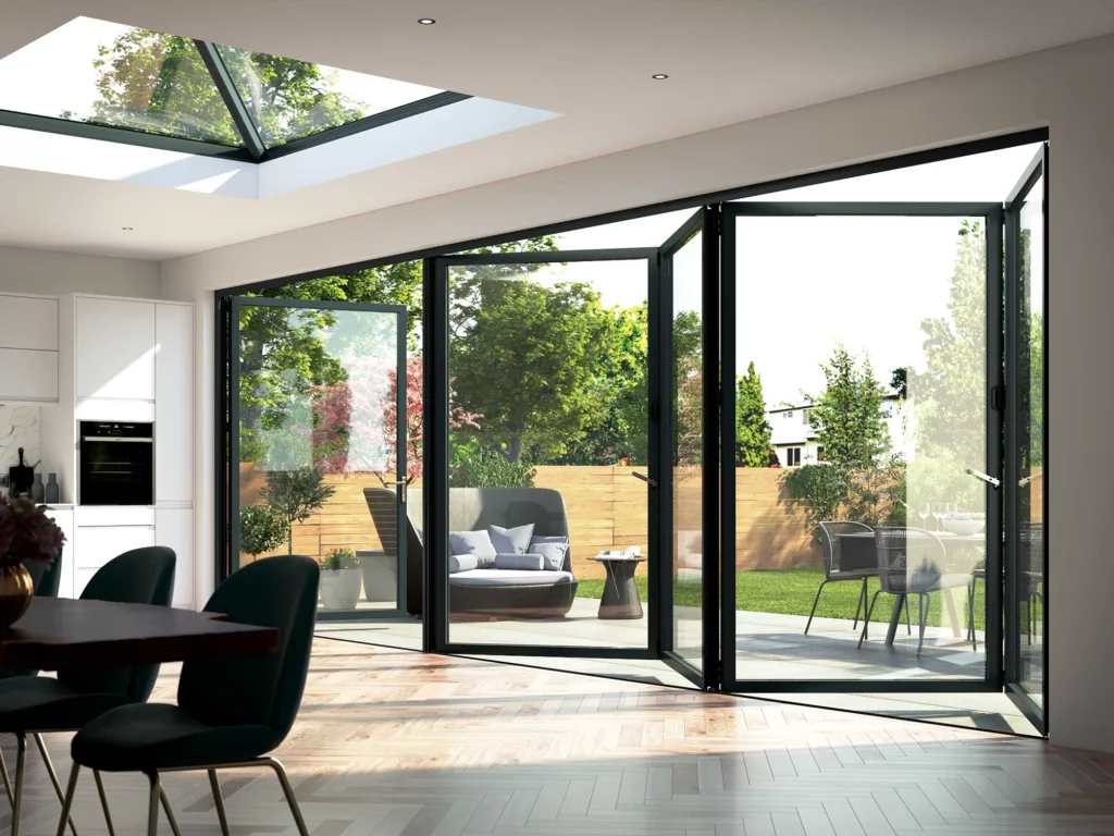 Korniche Bifolding Door and Roof Lantern in a Cozy Living Space