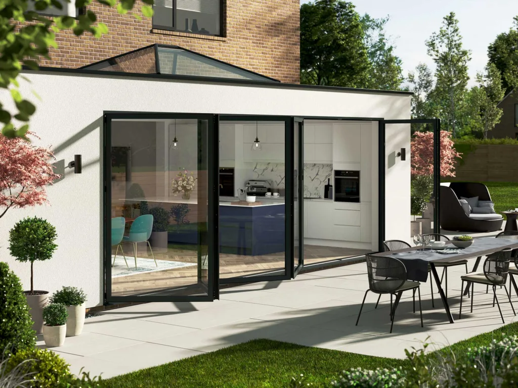 Exterior View of a Home with Korniche Bifolding Doors and Roof Lantern