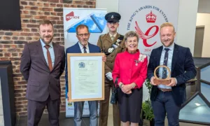 Ashley Gaunt, Technical Director, Richard Gaunt, Founder, His Majesty's Lord Lieutenant of County Durham, Mrs Sue Snowdon, and Bradley Gaunt, Managing Director, celebrating the King's Award for Enterprise.