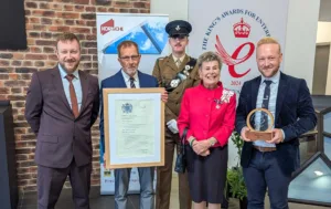 Ashley Gaunt, Technical Director, Richard Gaunt, Founder, His Majesty's Lord Lieutenant of County Durham, Mrs Sue Snowdon, and Bradley Gaunt, Managing Director, celebrating the King's Award for Enterprise.